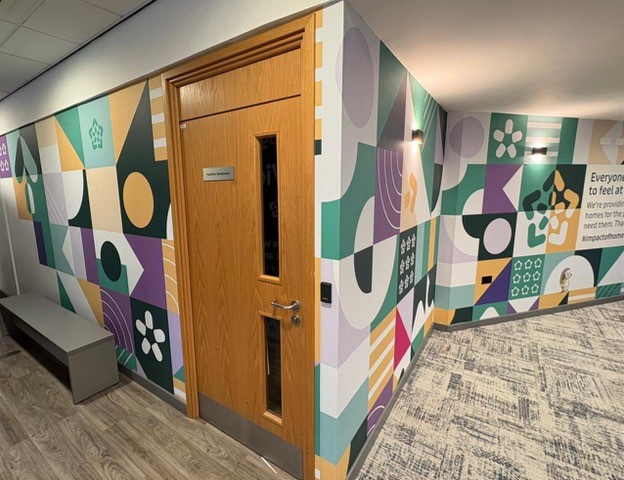Wallpaper graphics making a big impact in a reception and corridor printed by CSDPrint