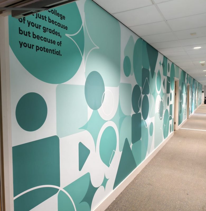 Turquoise and white geometric wallpaper installed by CSDPrint