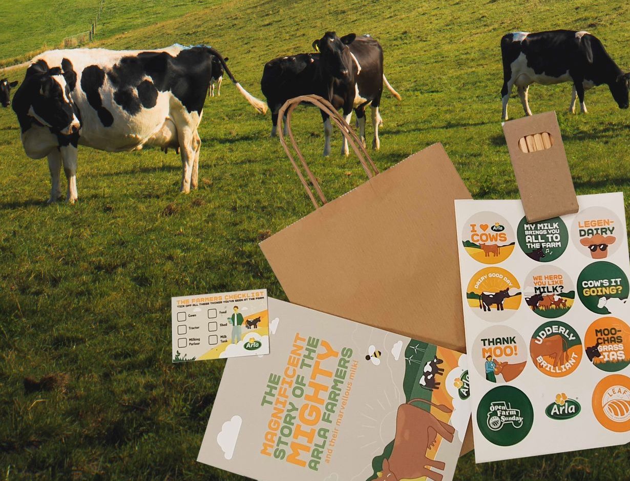 Black and white cows in a field with leaflets and stickers from an Arla Farms open day